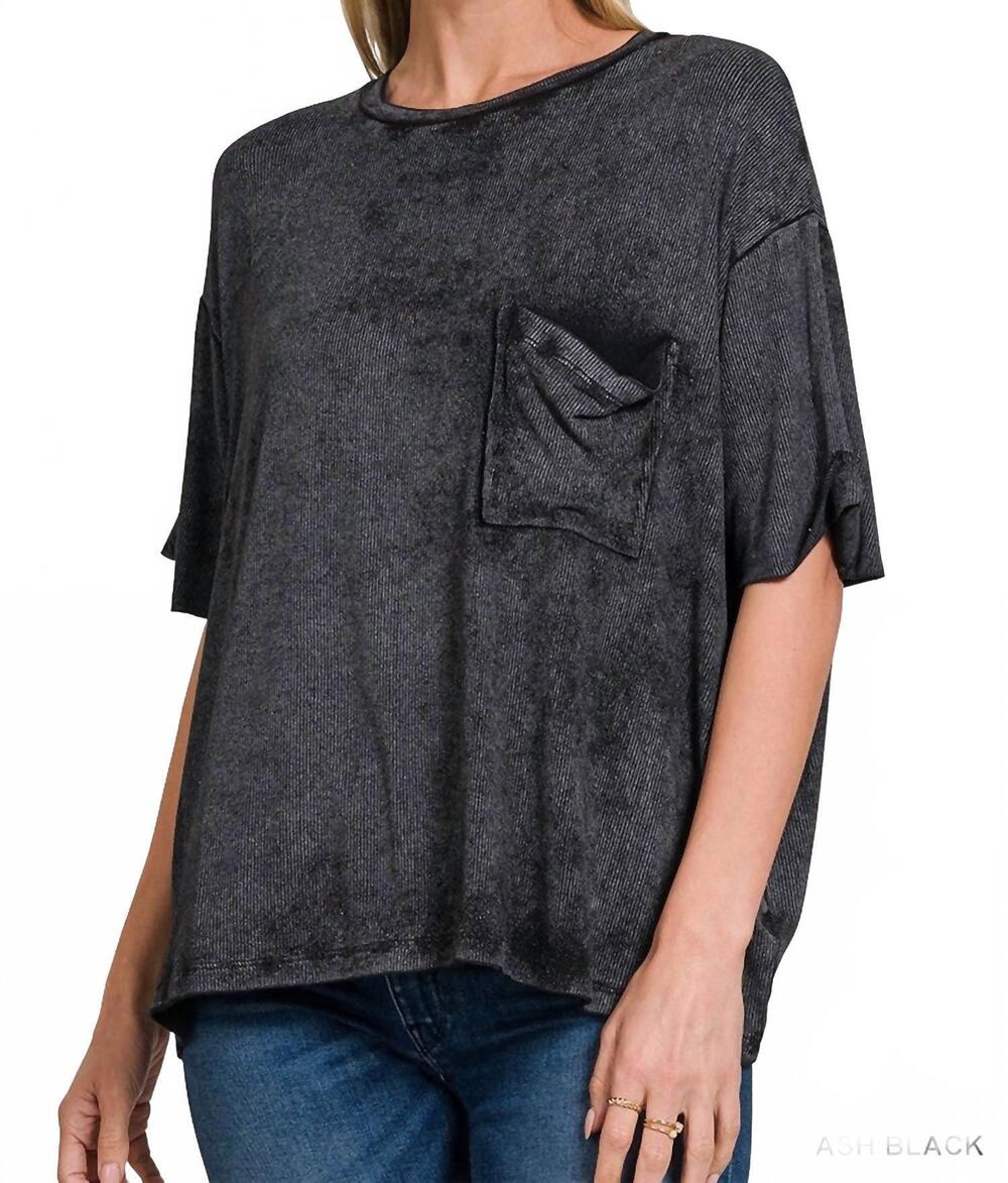 NEW ZENANA oversized acid wash ribbed short sleeve top in ash black